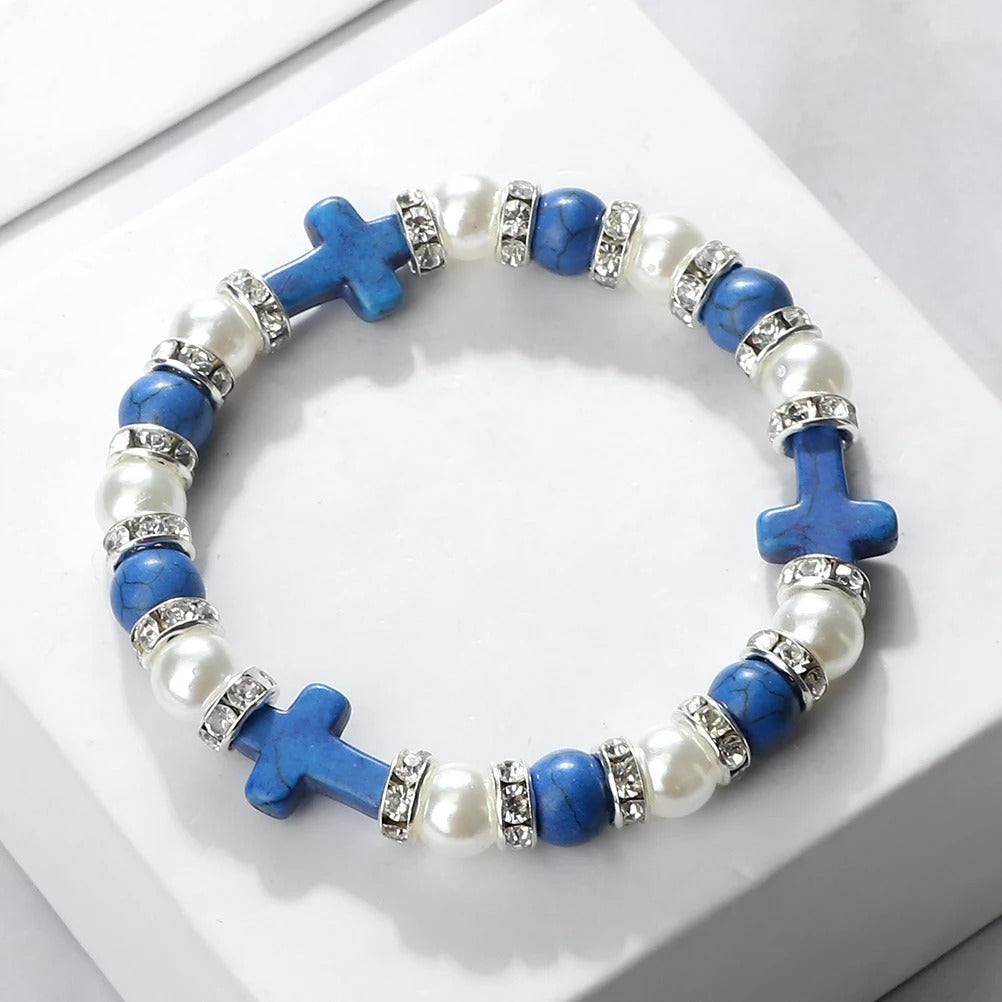 Prayer Natural Stone Bracelet Crystal Rhinestone Pearl Beads Bracelet Men Rosary Cross Bracelet Women Yoga Jewelry Homme Pulsera