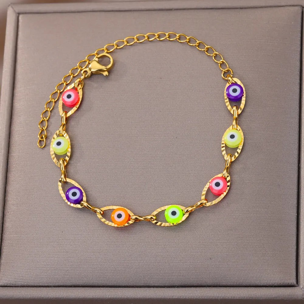 Rainbow Evil Eye Bracelets For Women Stainless Steel Gold Color Turkish Demon Chain Charm Bracelet Summer Beach Jewelry