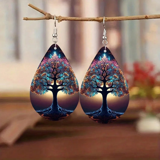 Starry Night Earrings Vintage Tree Of Life Water Drop Leather Earrings For Women