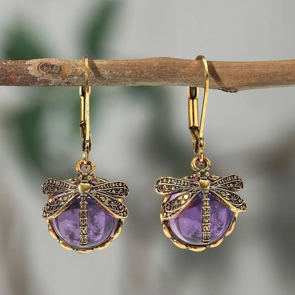 Dragonfly Pendant Drop Earrings with Moonstone for Women