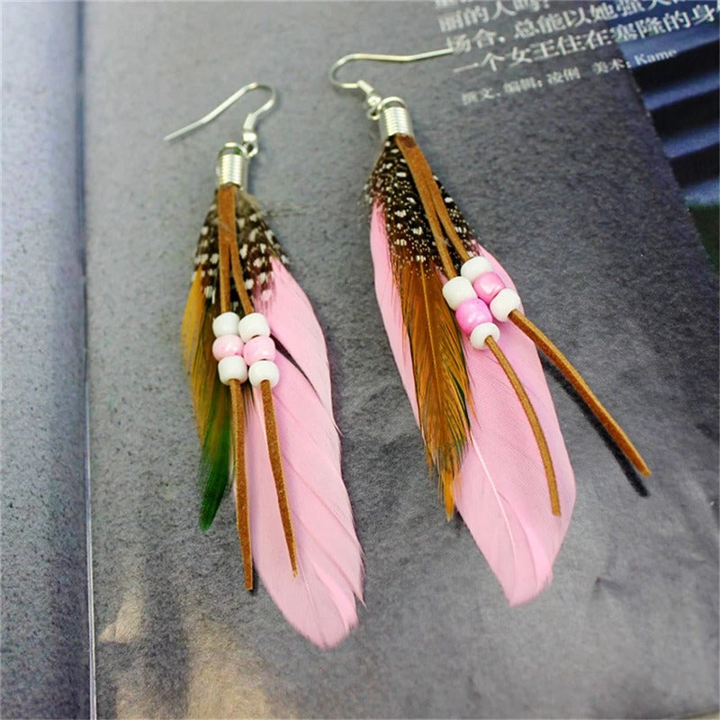 Colorful Feather Tassel Earrings 1 Pair Leather Beads Jewelry