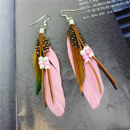 Colorful Feather Tassel Earrings 1 Pair Leather Beads Jewelry