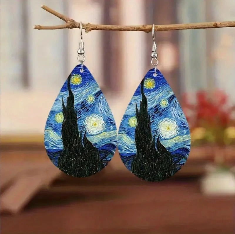 Starry Night Earrings Vintage Tree Of Life Water Drop Leather Earrings For Women