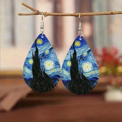 Starry Night Earrings Vintage Tree Of Life Water Drop Leather Earrings For Women