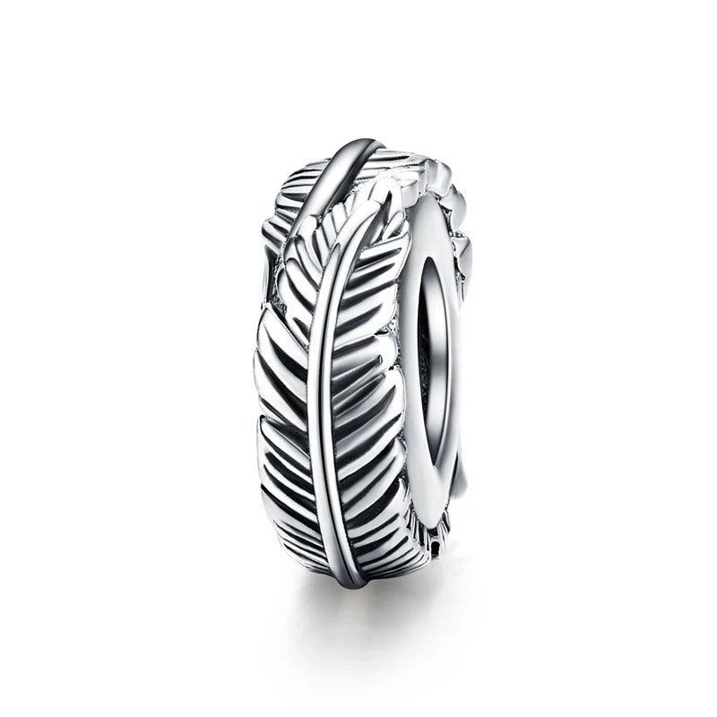 Sterling Silver Cat Feather Spacer Beads Round Charm Bracelet Jewelry