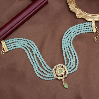 Sunspicems Chic Morocco Jewelry Bead Chain Choker Necklace For Women Gold Color Square Mesh Pendnat Arabic Bridal Wedding Bijoux