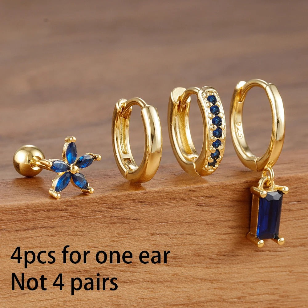 4-Pc 18K Gold Plated Cubic Zirconia Flower Hoop Earrings for Women