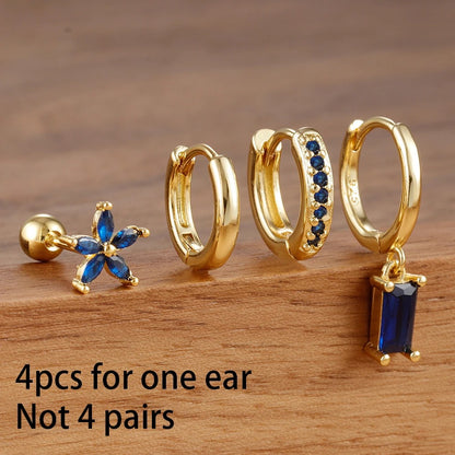 4-Pc 18K Gold Plated Cubic Zirconia Flower Hoop Earrings for Women