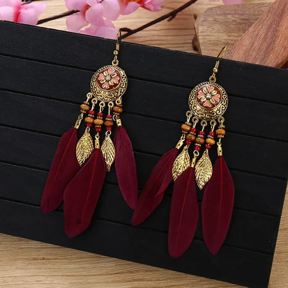 Bohemian Vintage Long Earrings Carved Leaf & Feather Tassel