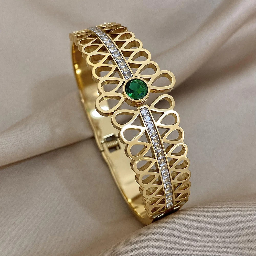 Luxury Stainless Steel Cuff Bracelet For Women Gold Silver Color Couple Bracelets Green White Rhinestone Wide Bangle Gift
