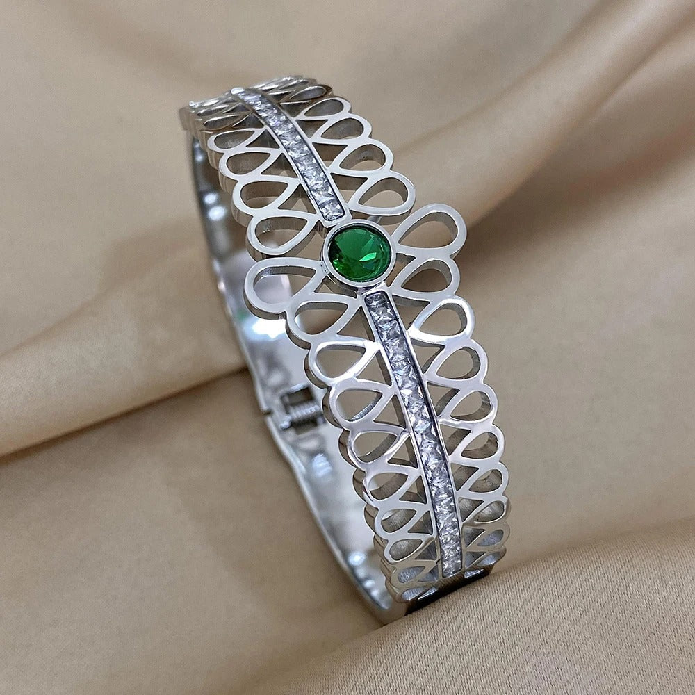 Luxury Stainless Steel Cuff Bracelet For Women Gold Silver Color Couple Bracelets Green White Rhinestone Wide Bangle Gift