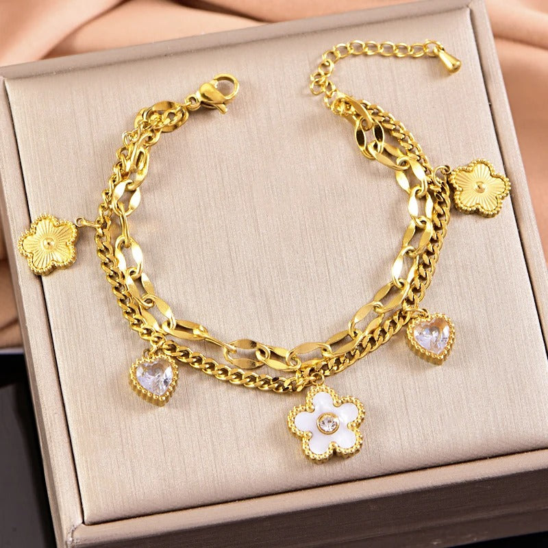 Kuziduocai 316L Stainless Steel Seashell Heart Flowers Charm Bracelet
