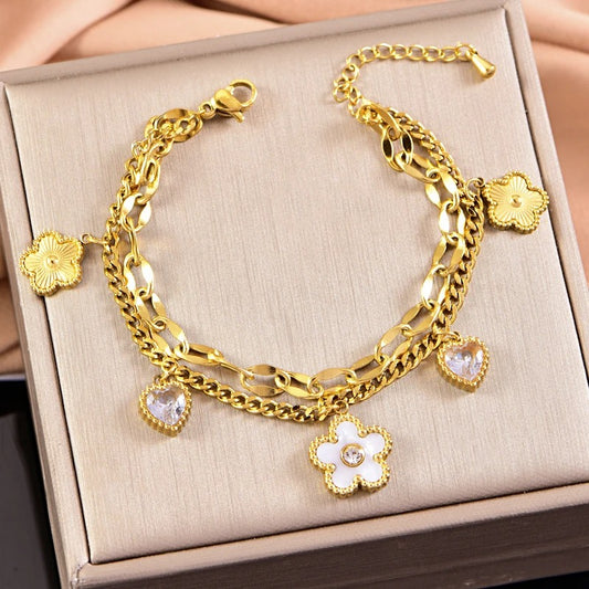 Kuziduocai 316L Stainless Steel Seashell Heart Flowers Charm Bracelet
