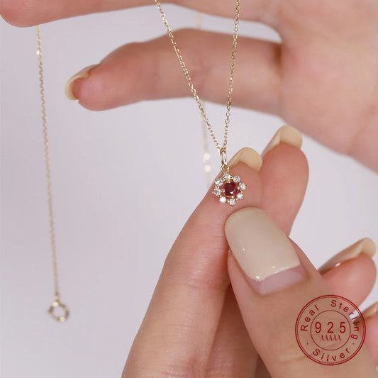 14K Gold Electroplated Red Zircon Sun Pendant Necklace for Women Elegant Wedding and Party Jewelry