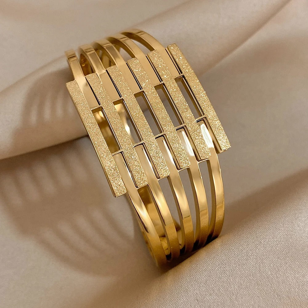 Gold Plated Geometric Chunky Bangle Bracelet for Women Stainless Steel