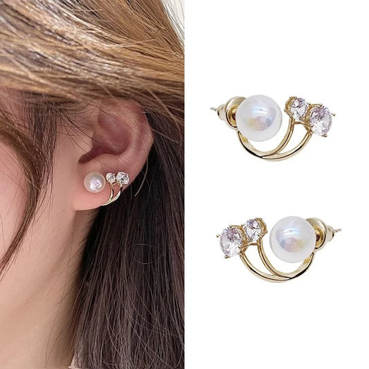 Korean Vintage Pearl Crystal Earrings For Women Statement Jewelry Unique Design U Shape Claw Women's Stud Earrings
