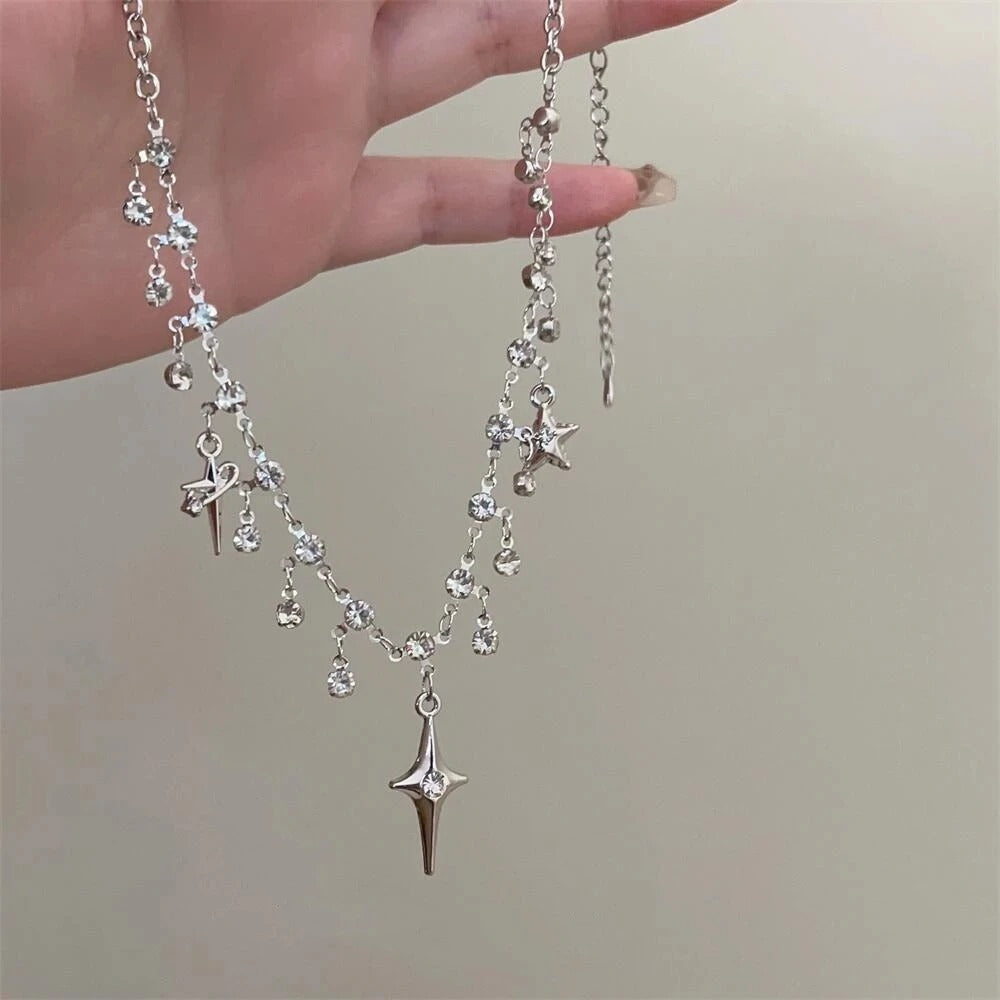 Fashion Chic Cross Crystal Zircon Pendant Tassel Necklace for Women Girls Clavicle Chain Accessories Aesthetic Y2K Jewelry