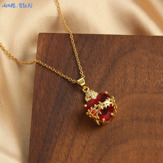 Gold Plated Sacred Heart of Jesus Cross Necklace Red Zircon Religious Catholic Pendant Necklaces For Women Girls Jewelry