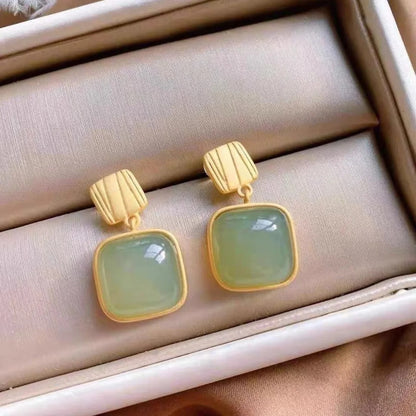 Exaggerated Green Jade Square Drop Earrings Women Jewelry Gift