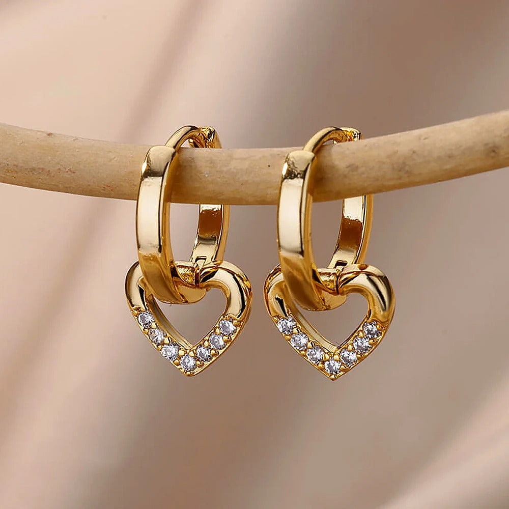 Hollow Zircon Heart Earrings Gold Stainless Steel Jewelry for Women