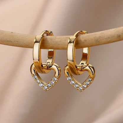 Hollow Zircon Heart Earrings Gold Stainless Steel Jewelry for Women