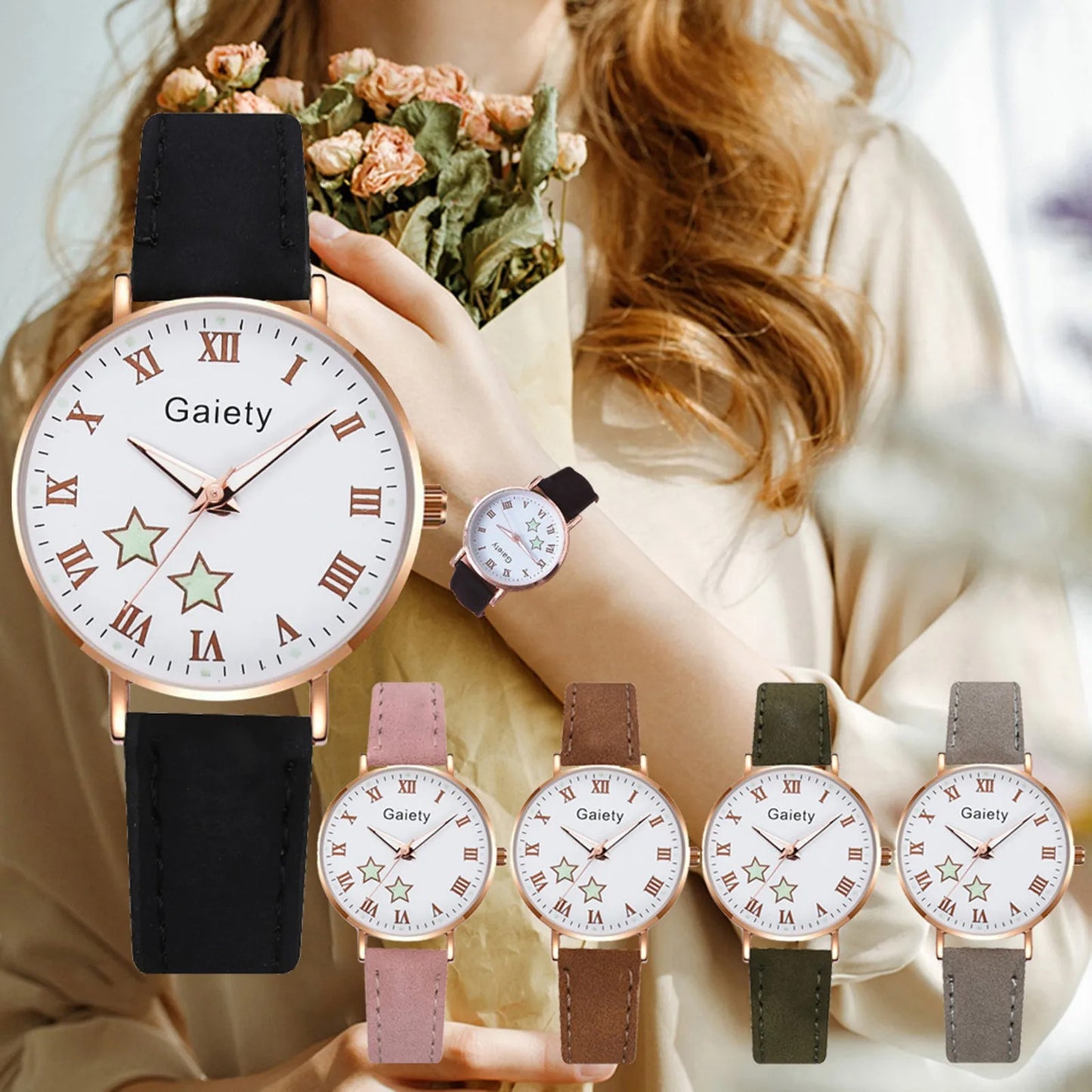 Ladies Quartz Watch with Leather Strap Star Pattern Dial