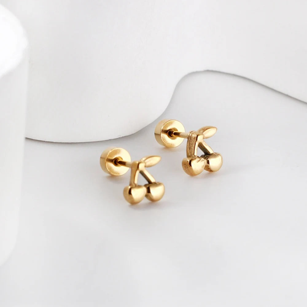 Cute Cherry Casual Women Earrings Gold Plated Stainless Steel Stud Party Jewelry Gifts Waterproof