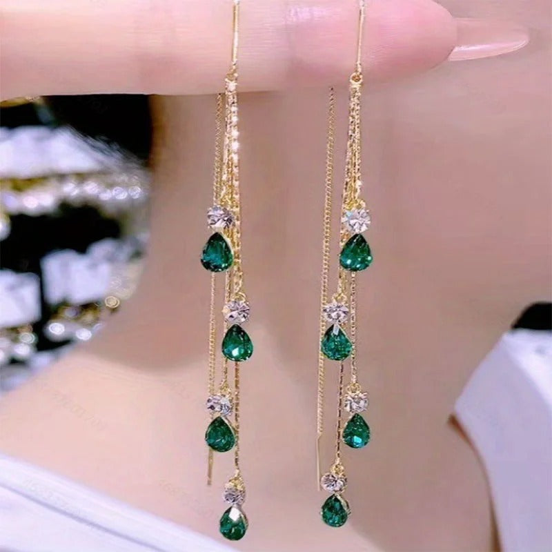 Luxury Temperament Green Zircon Drop Earrings For Women Fashion Long Tassel Rhinestone Earring Wedding Party Jewelry