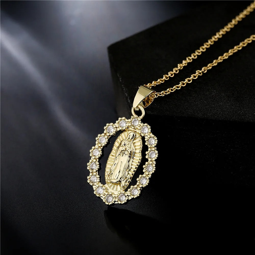 Good Quality Mary Women Necklaces, Gold Color Stainless Steel Mary Pendant With CZ Stone, Elegant Jewelry Gift