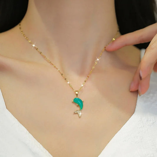 [Titanium Steel] Fashionable and Versatile Zirconia Dolphin Necklace Women's Clavicle Chain Titanium Steel Jewelry