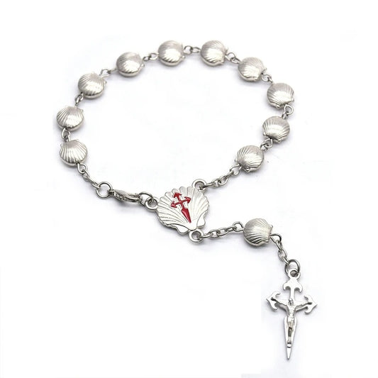 Metal Shell Rosary Bracelet For Men Women Vintage Strand Cross Religious Jewelry