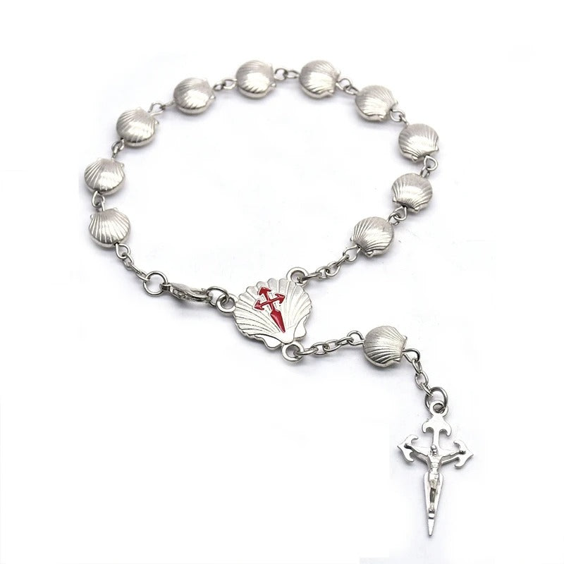 Metal Shell Rosary Bracelet For Men Women Vintage Strand Cross Religious Jewelry