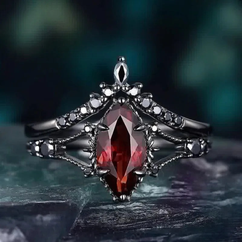 Exquisite Black Color Oval Hollow Red Black Stone Rings for Women Jewelry Anniversary Rings Set Gift