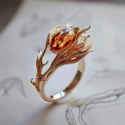 Flame Phoenix Ring Fanta Stone Orange Crystal Ring Female Niche Design Ancient Flower Silk Tourmaline Treasure Jewelry