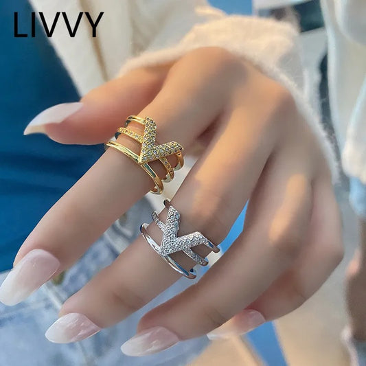 LIVVY Fashion Silver Color V-shape Three-layer Zircon Adjustable Rings For Woman Fashion High-end Trend Jewelry Accessories