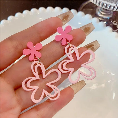 Cute Pink Flower Dangle Earrings Women Party Jewelry Gift