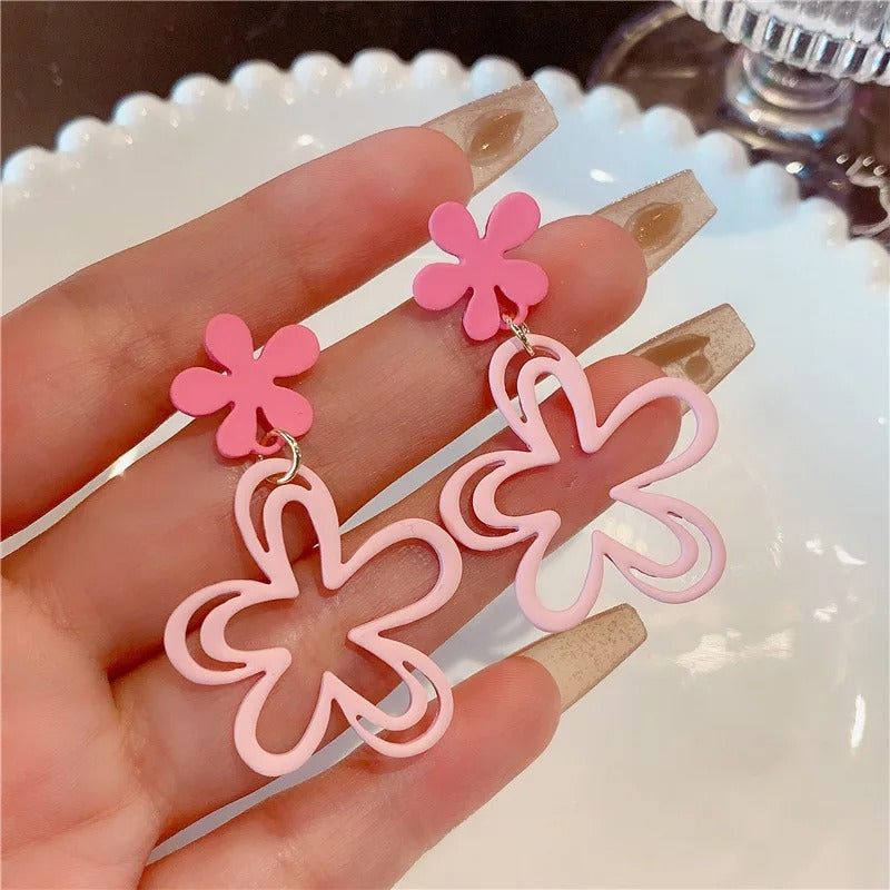 Pink Flower Drop Earrings for Women Hollow Out Spray Paint Double Layer Petal Dangle Earrings Cute Girls Party Jewelry Gift