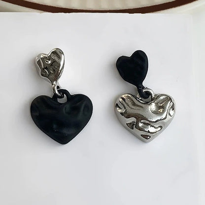 Silver Heart Drop Earrings with Black Double Love for Women