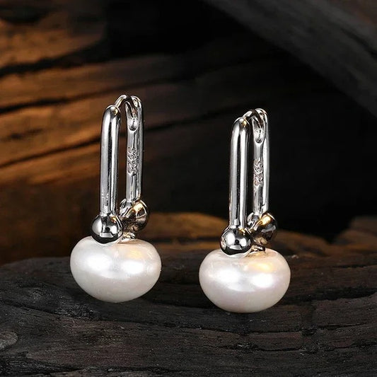 Sterling Silver Pearl Hoop Earrings Geometric Minimalist Jewelry for Women