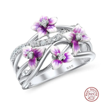 925 Sterling Silver Violet Daisies Flower Zircon Ring for Women