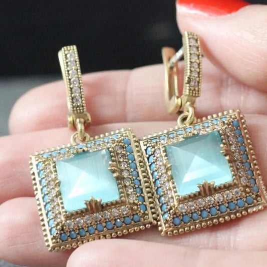 Gold Square Stone Dangle Earrings Women’s Wedding & Party Jewelry