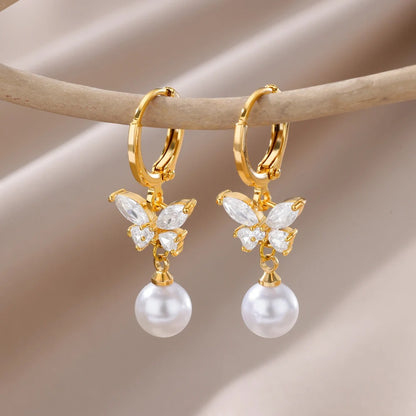 2025 Imitation Pearl Butterfly Hoop Earrings Stainless Steel Geometric Wedding Jewelry for Women