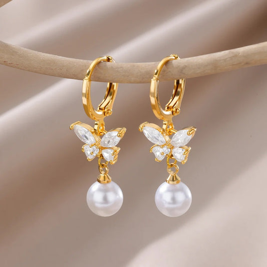 2025 Imitation Pearl Butterfly Hoop Earrings Stainless Steel Geometric Wedding Jewelry for Women
