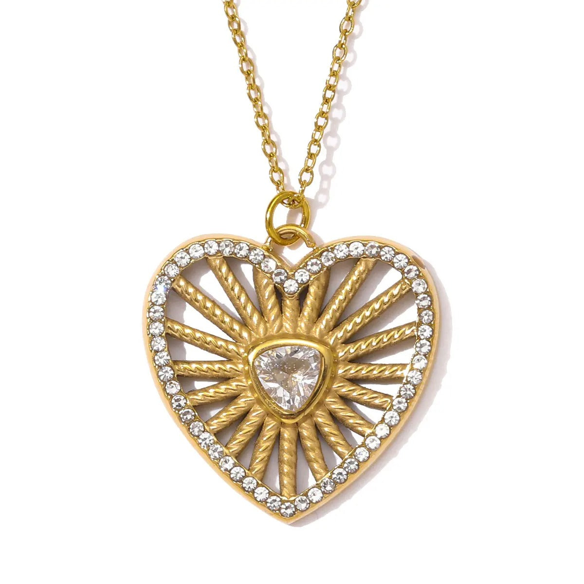 Stainless Steel Zircon Hollow Heart Charm Necklace Waterproof 14K Gold Plated Love Pendant Choker Jewelry Women Party Daily Wear