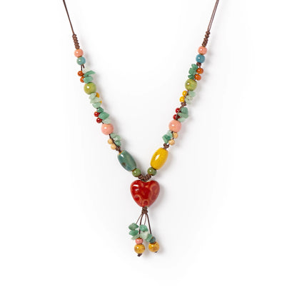 Heart Ceramic Necklace for Women Adjustable Handmade Boho Style Sweet Long Pendant Jewelry