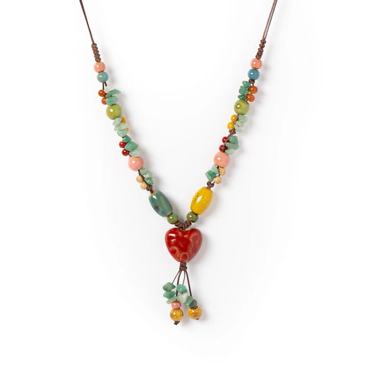 Heart Ceramic Necklace for Women Adjustable Handmade Boho Style Sweet Long Pendant Jewelry
