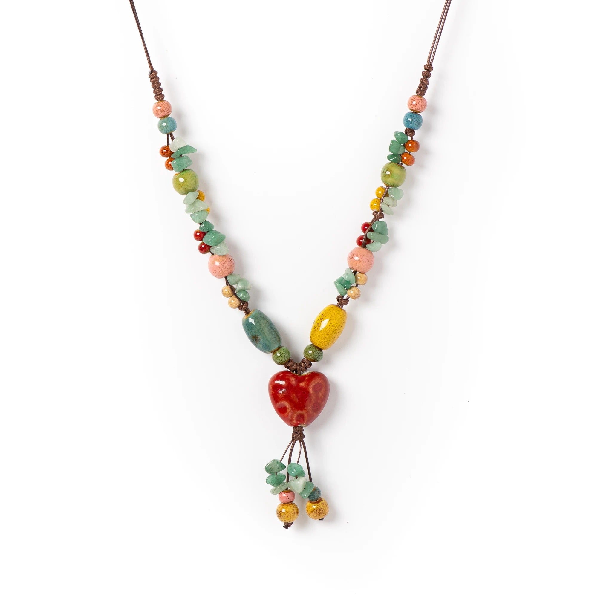 Heart Ceramic Necklace for Women Adjustable Handmade Boho Style Sweet Long Pendant Jewelry