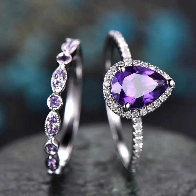 Sterling Silver Purple Cubic Zircon Set Rings for Women Wedding Party Temperament Elegant Lady Accessories Fashion Jewelry