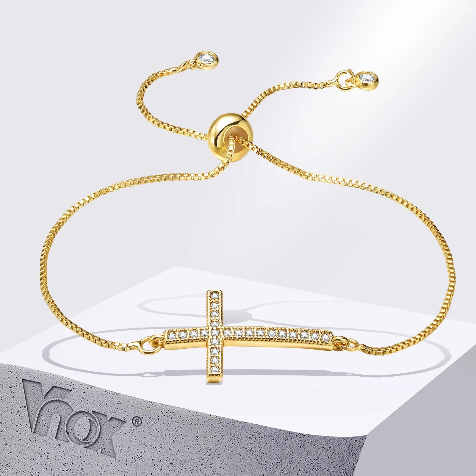 Full CZ Stones Cross Bracelets for Women Teens, Gold Color Slim Box Link Chain Bracelets Wristband,Religion Faith Accessory