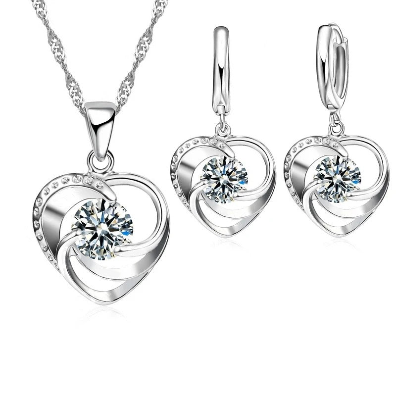 Silver Stamped Necklace Earrings Set Long Chain Sweet Romantic Style Love Heart Shape For Women Lady Wife